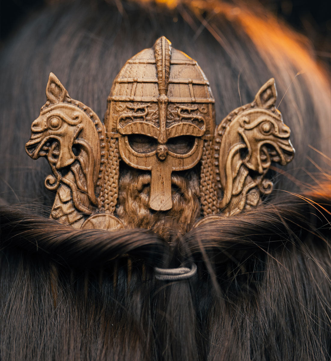 Holzkamm "Drakkar" Kamm mit Wikinger-Kopf und zwei Drakkar-Köpfen