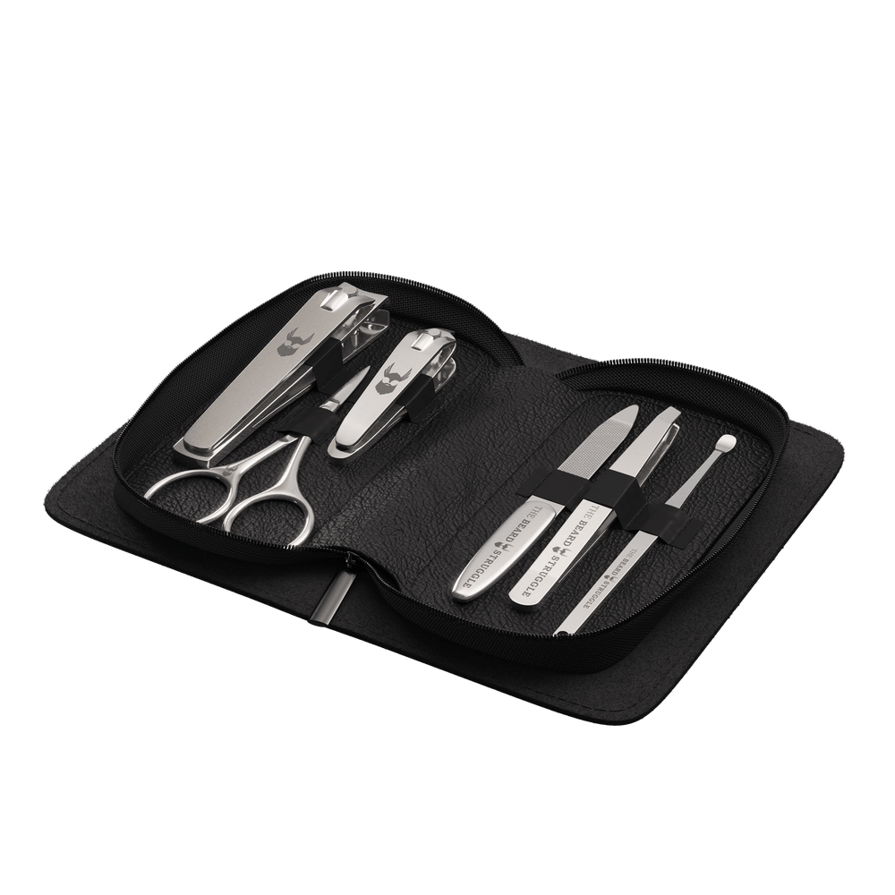 6-in-1-Pflegeset-mit-Etui Dieses kompakte Set enthält hochwertige Haarschneider, Scheren, eine Nagelfeile, Pinzetten und ein Ohrenstäbchen